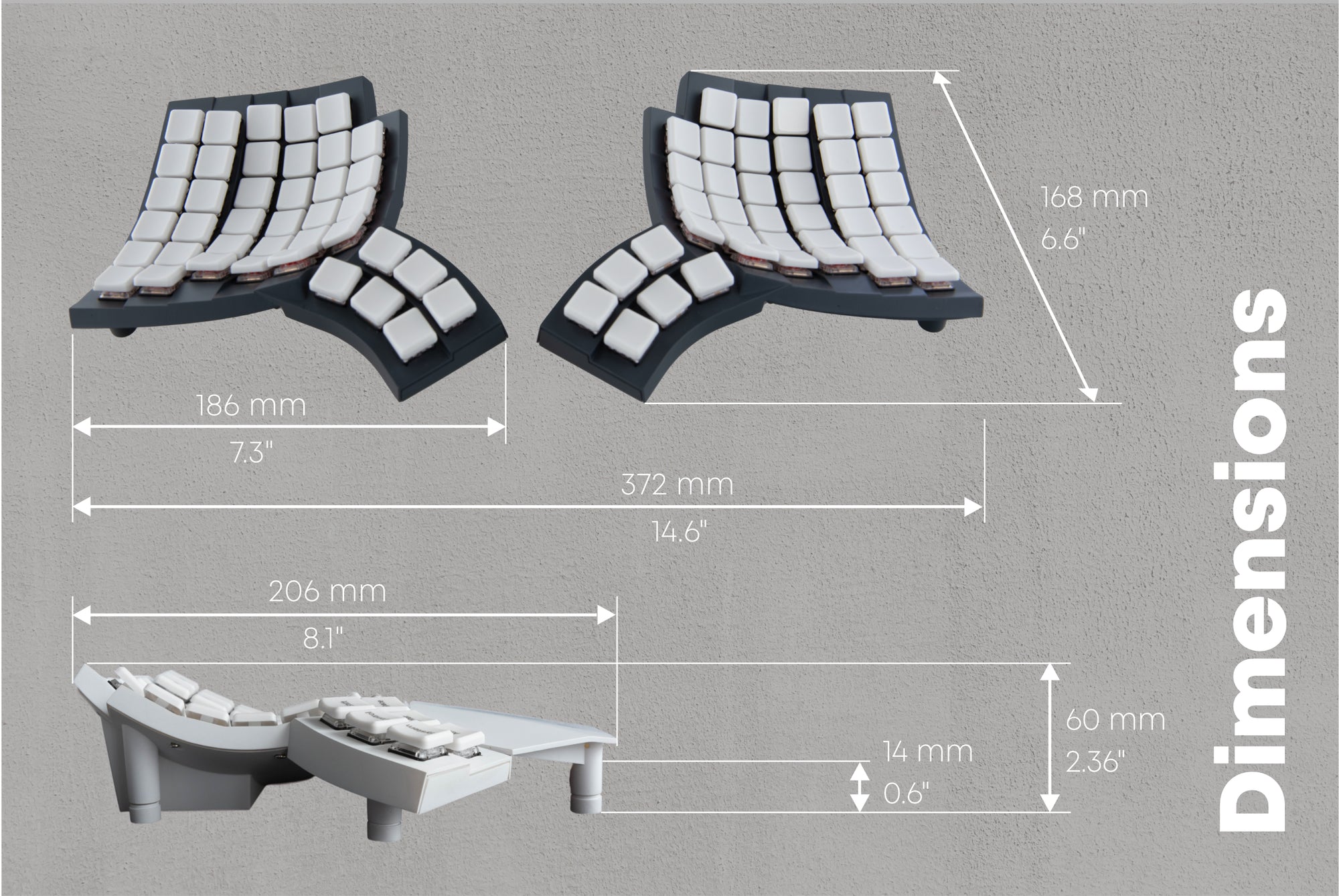 Technical breakdown showing dimensions of Glove80 ergonomic keyboard