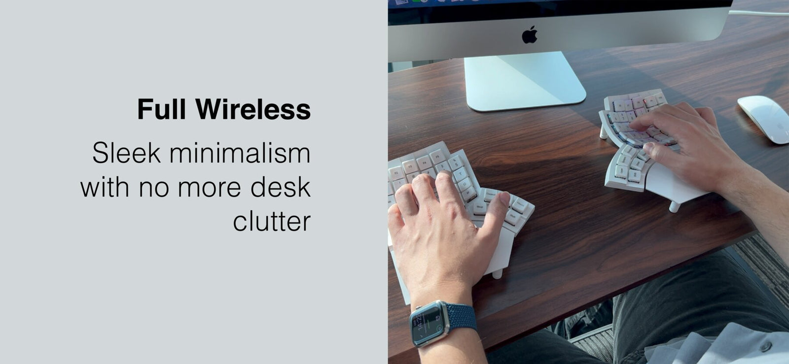 Top-down view of Glove80 ergonomic keyboard in use for coding
